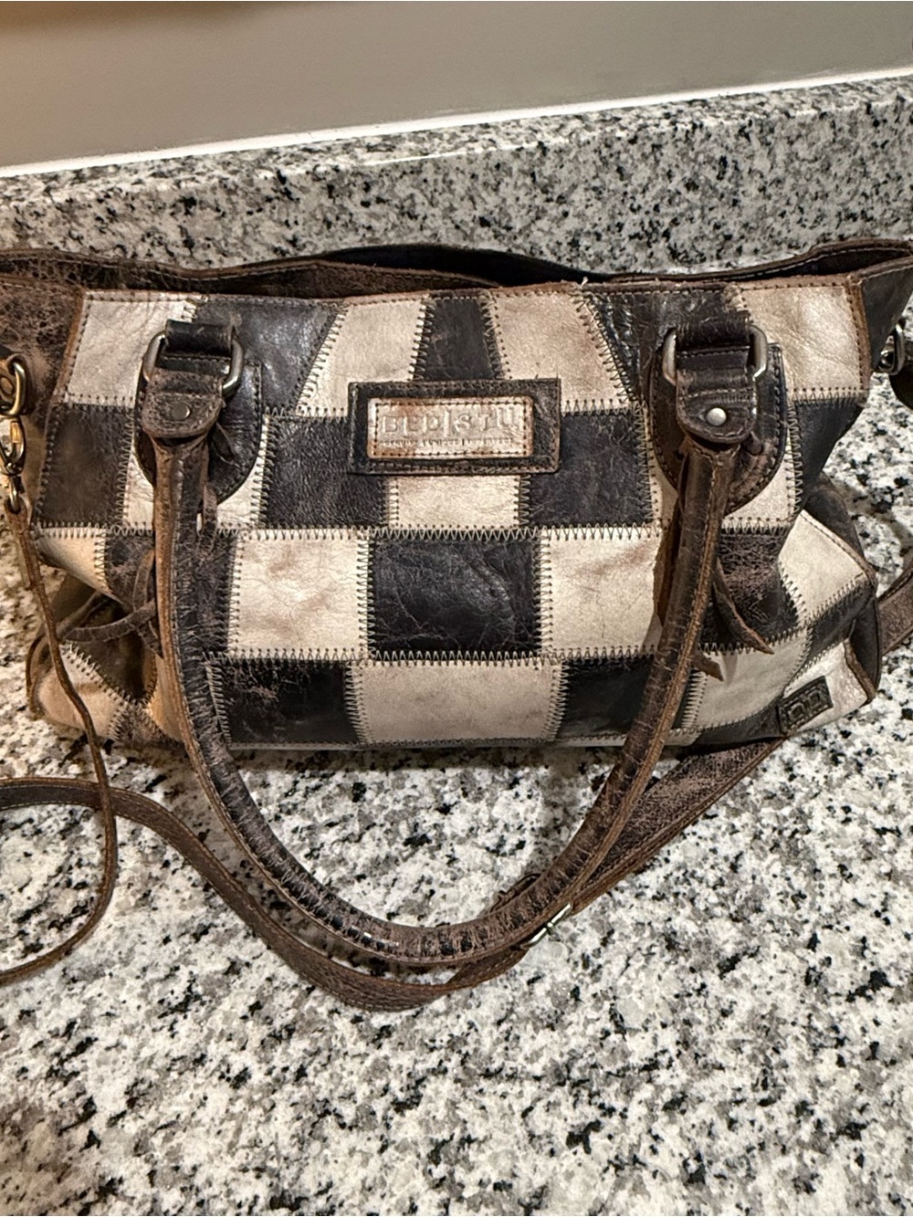 Bed Stu Rockababy Black and White Checker Leather Crossbody Satchel - Picture 12 of 15
